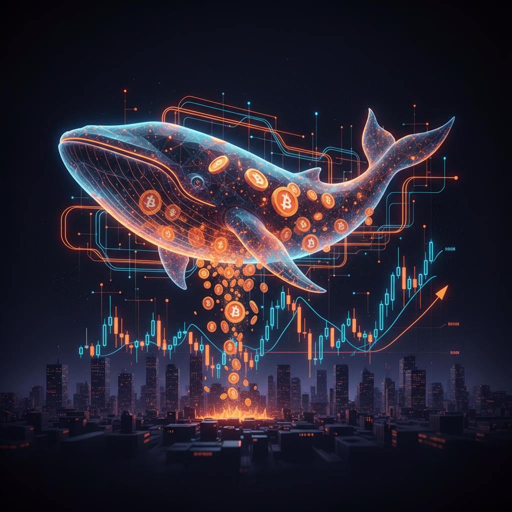 A glowing cyber whale swimming through dark digital data representing Shiba Inu whales.