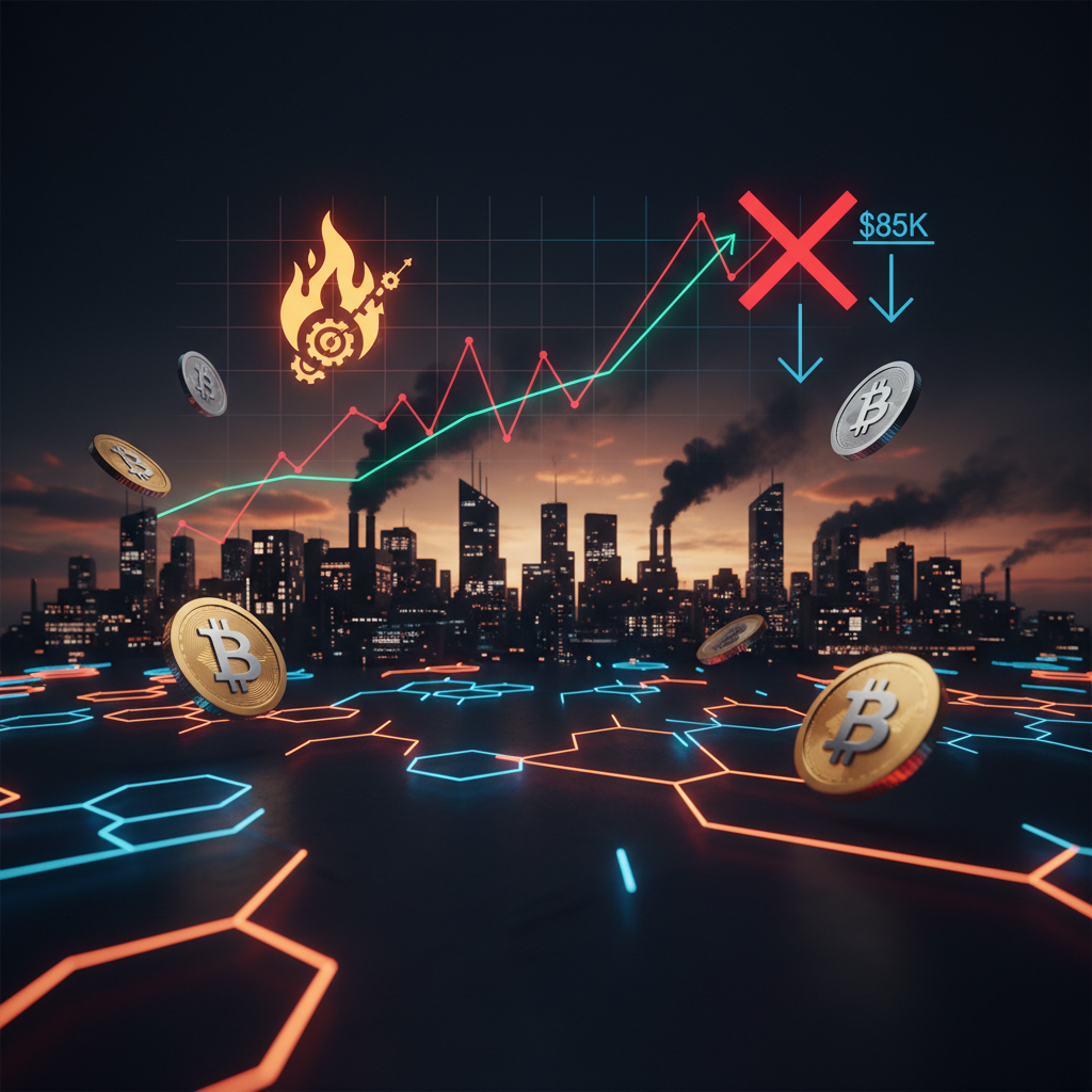 A digital financial chart with orange glowing lines showing the Bitcoin price rally.