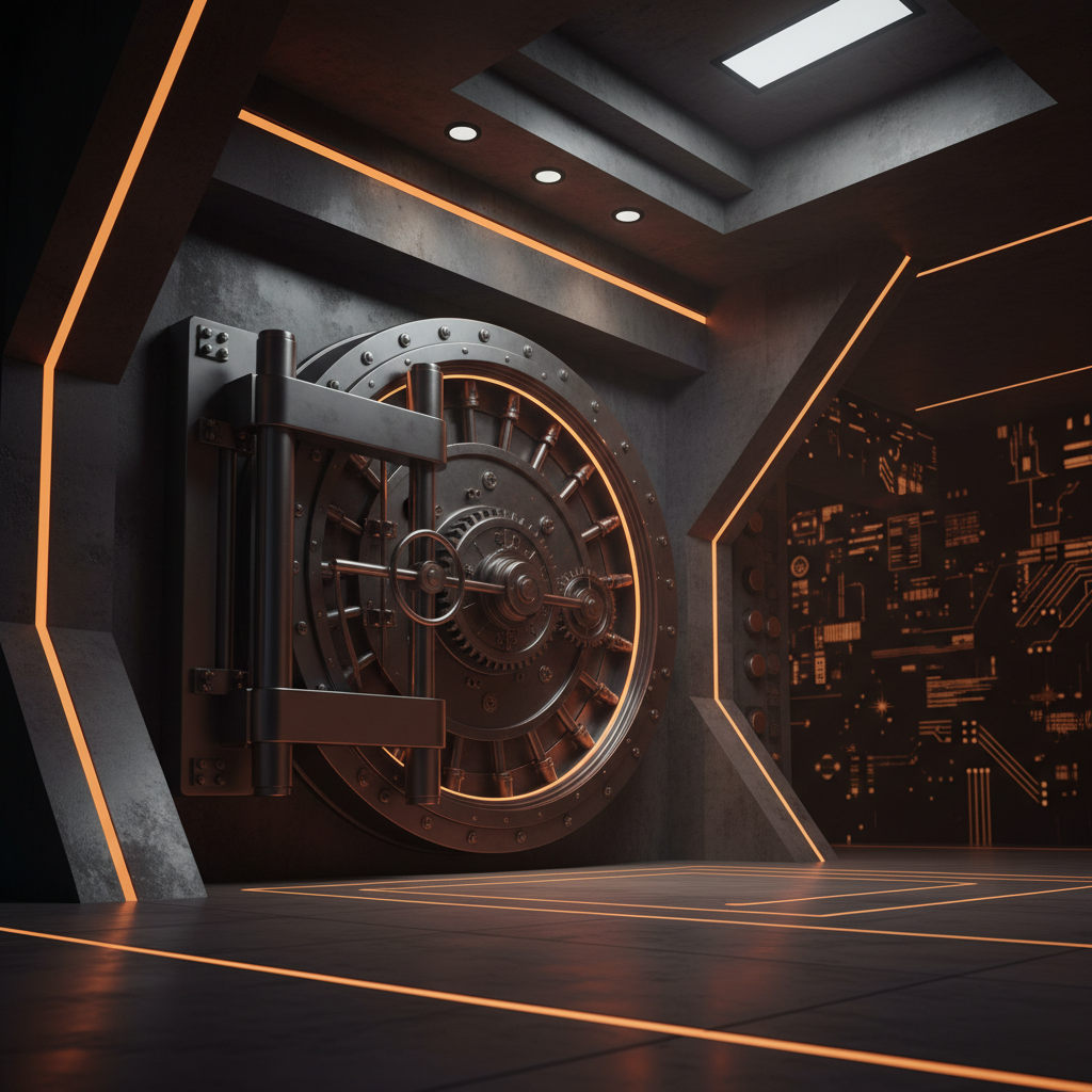 A modern bank vault glowing with orange light illustrating Absa crypto custody services.