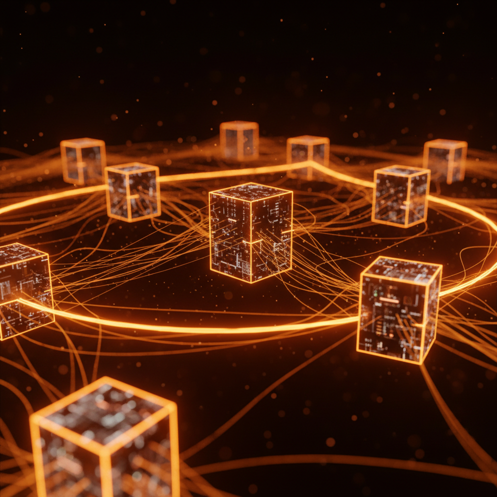 Abstract glowing orange neural network representing rising AI crypto tokens in finance.