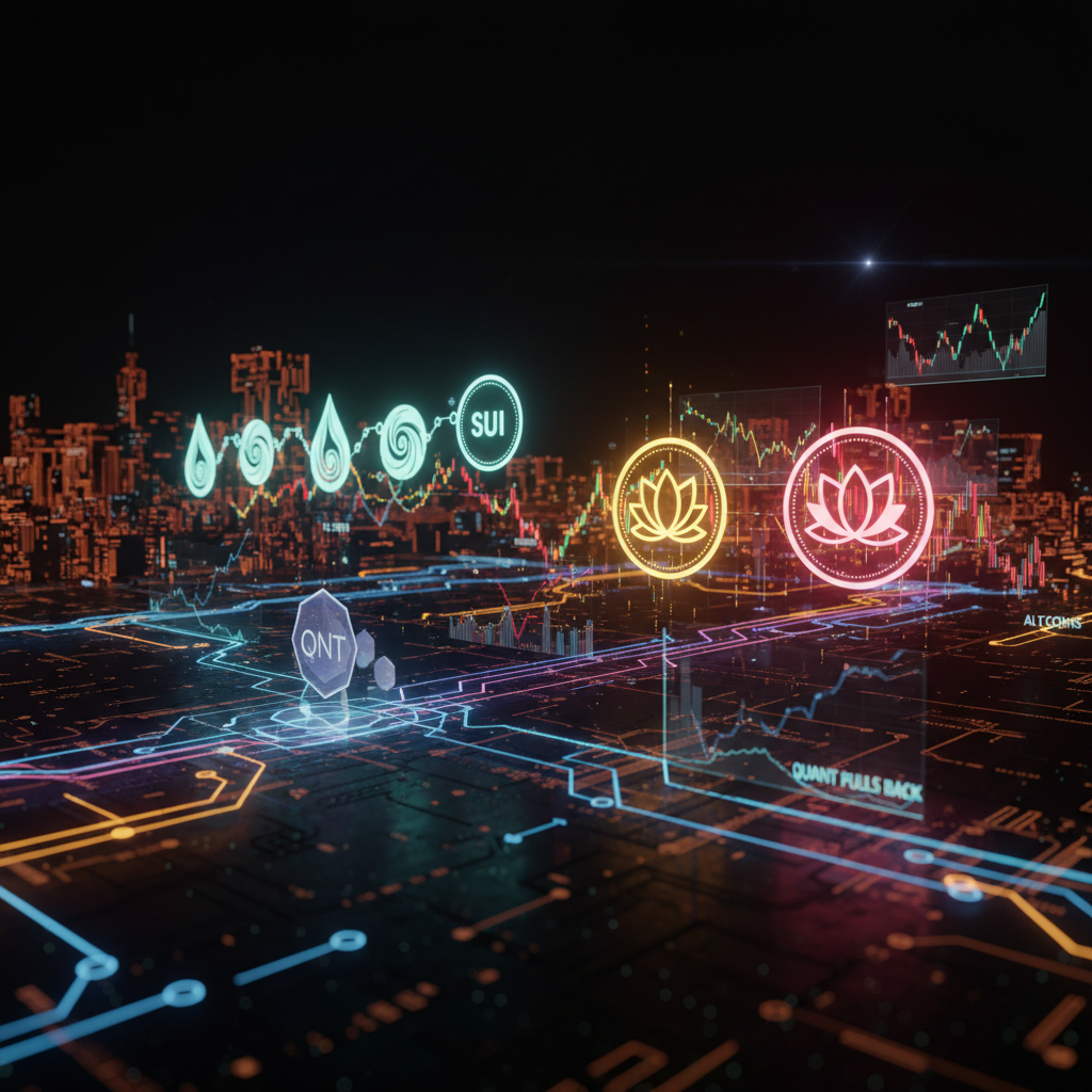Glowing digital chart lines illustrating fluctuating altcoin price trends against a dark tech background.