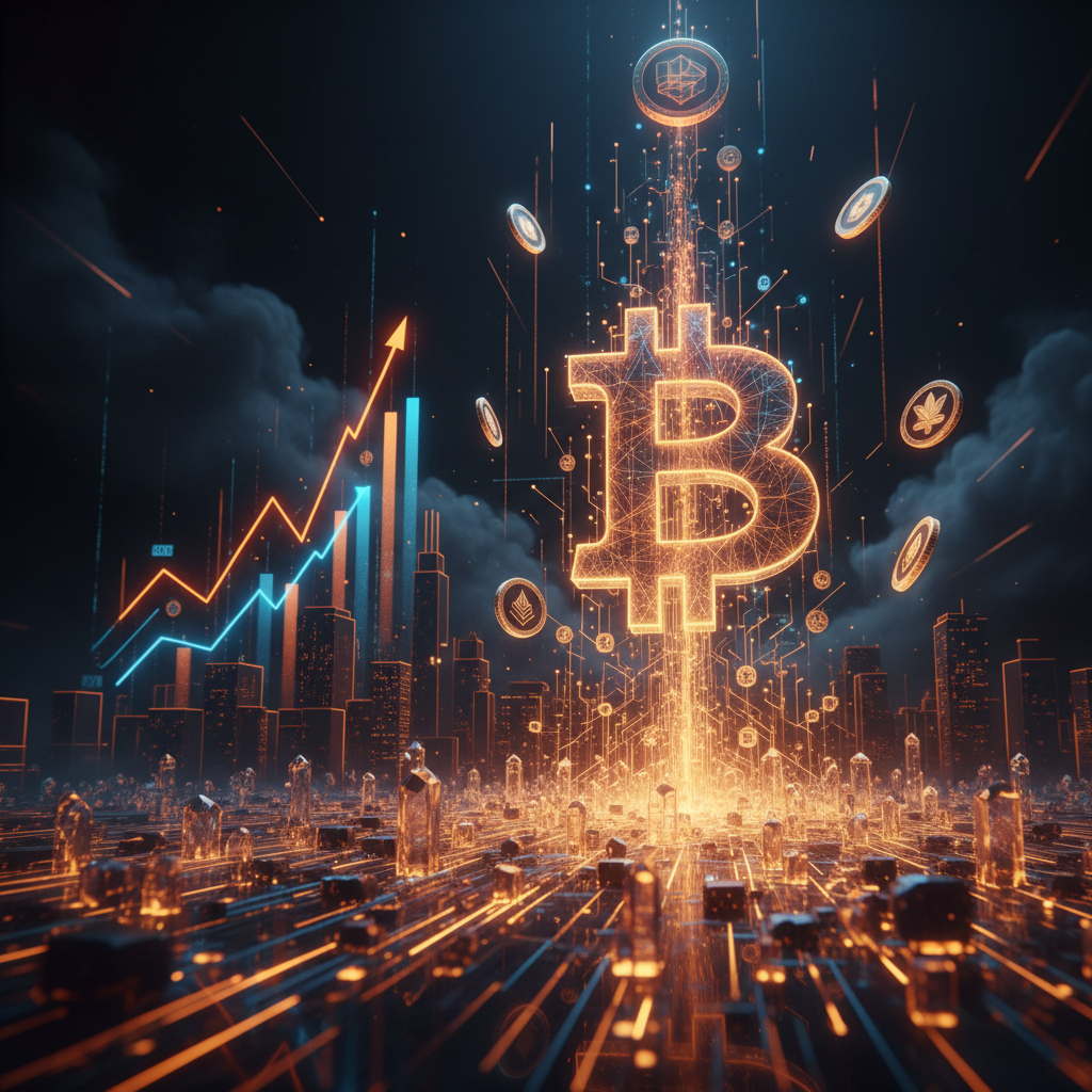 A digital chart illustrating the Bitcoin price surge with glowing orange upward indicators