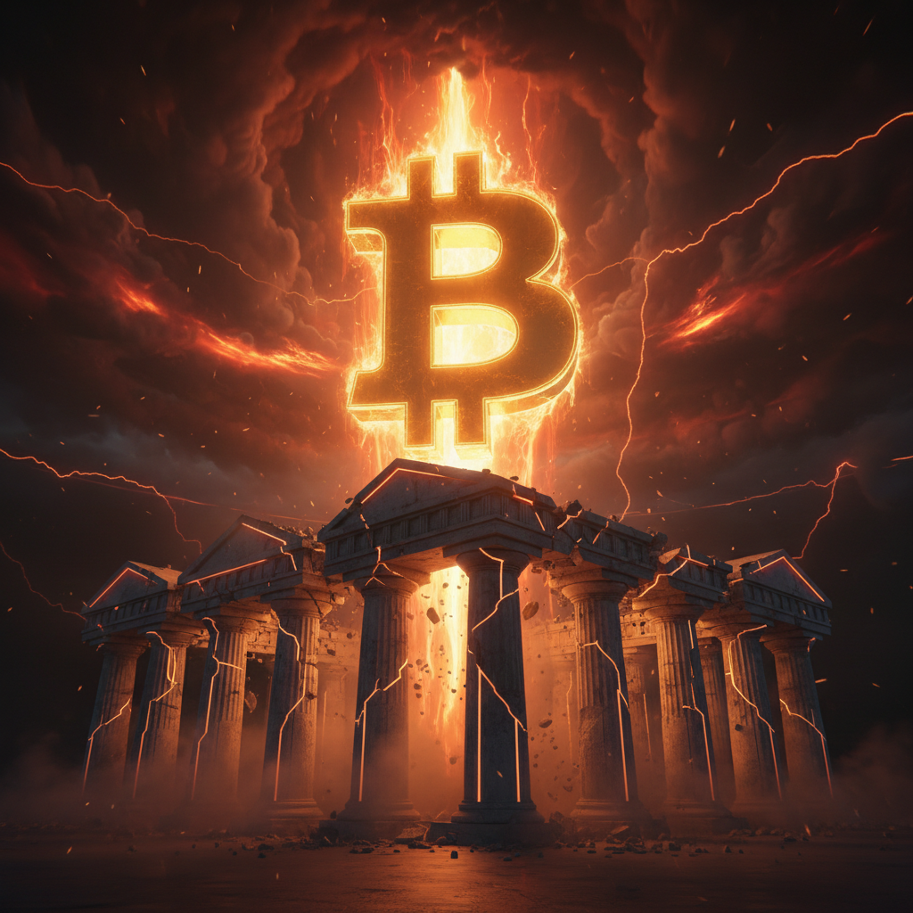 A glowing Bitcoin symbol illustrating the Bitcoin rate hike rally over stylized economic graphs.