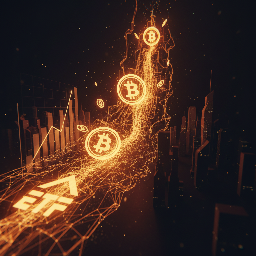 Trading charts showing a spike in Bitcoin ETF inflows against a sleek dark digital background.