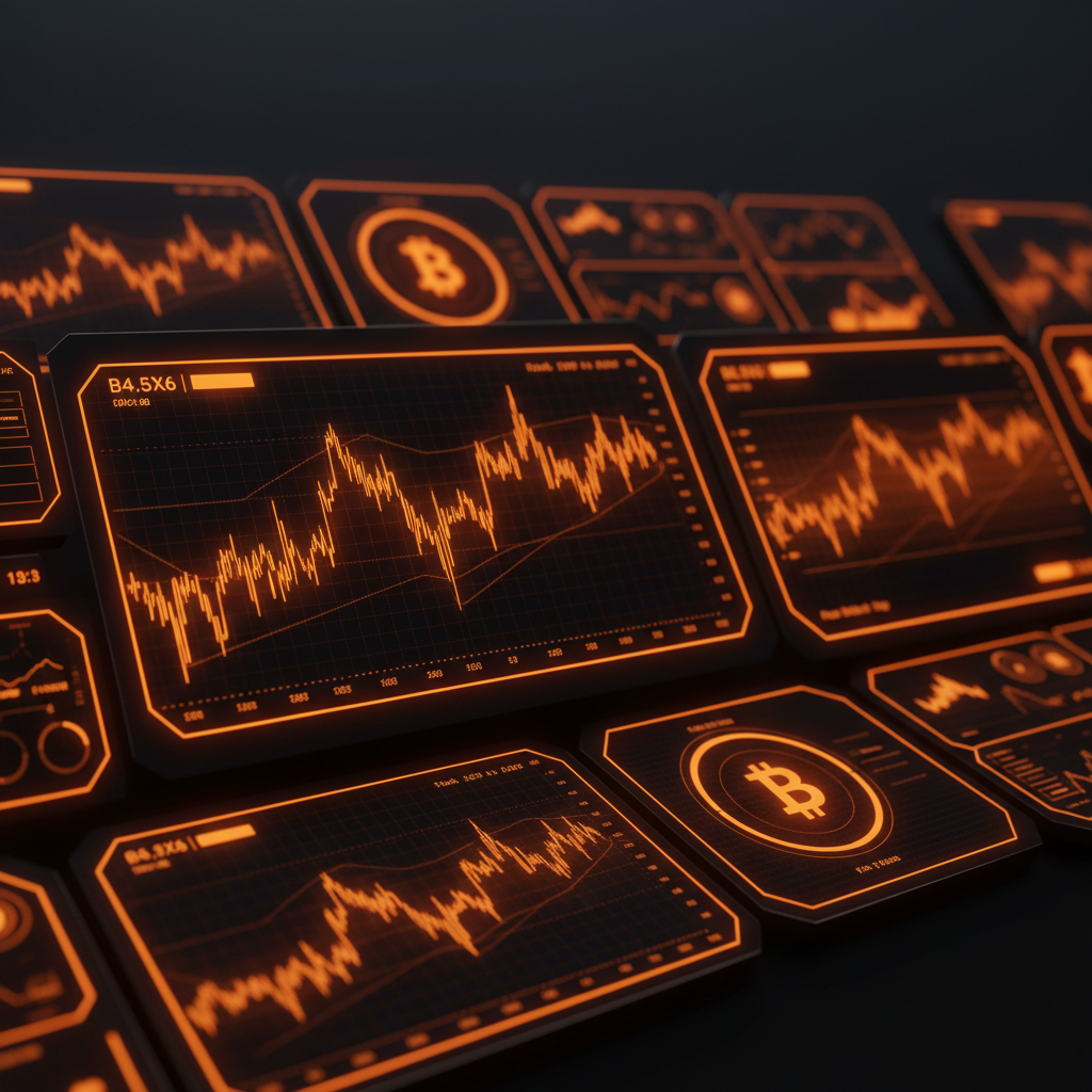 Financial market charts and indicators displaying Bitcoin October macro catalysts with orange neon lines.