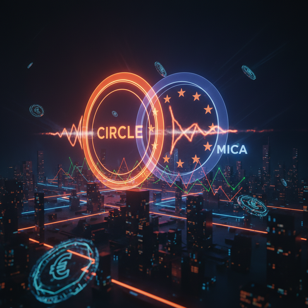 Futuristic compliance framework graphic illustrating MiCA stablecoin reserve regulations.