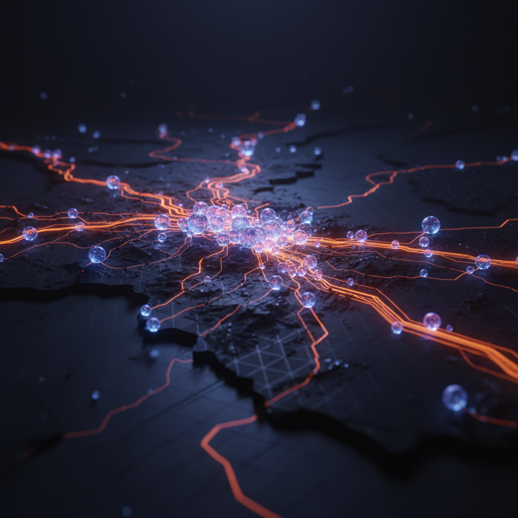 Interconnected network nodes depicting the Solana bank settlement system with orange lighting accents.