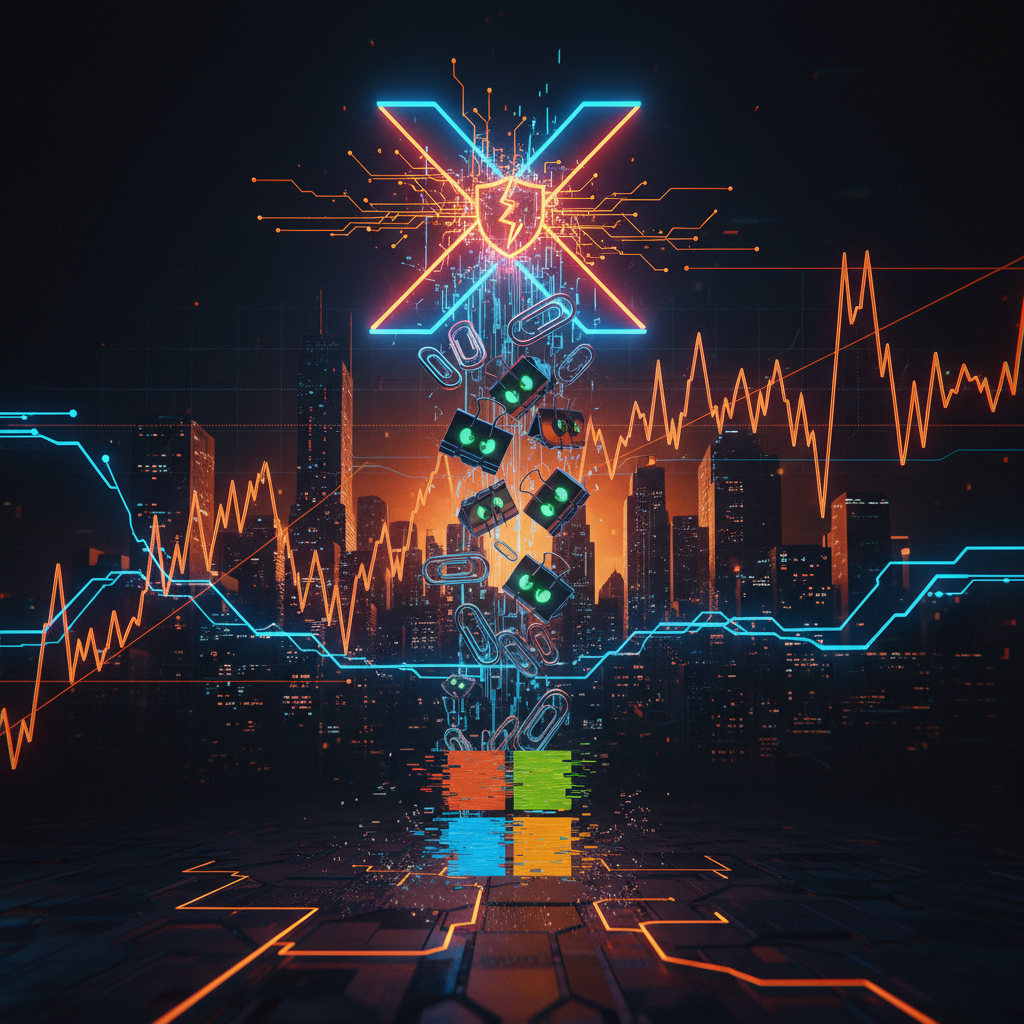Digital security shield with glowing orange cracks illustrating Microsoft X account hack.