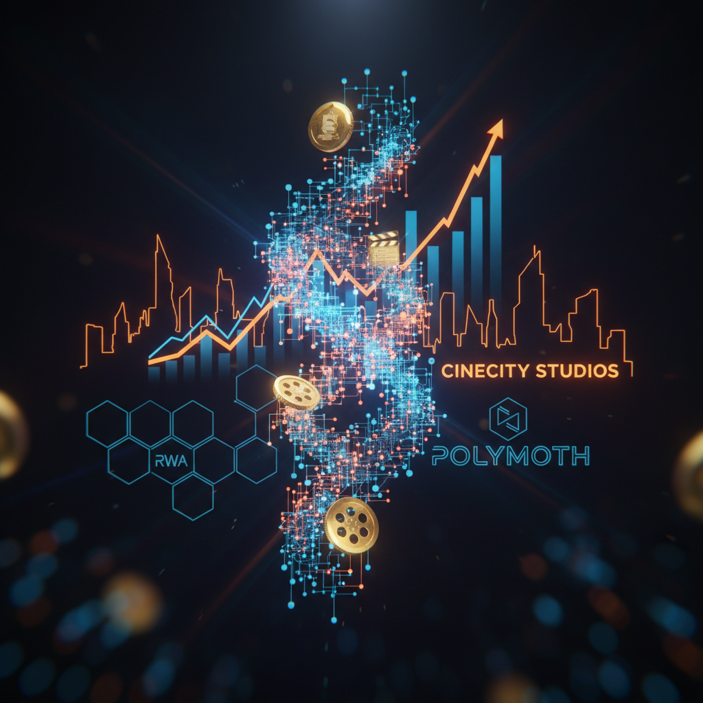 Cinematic production lighting blending with blockchain security tokens for tokenized film investment in glowing orange.