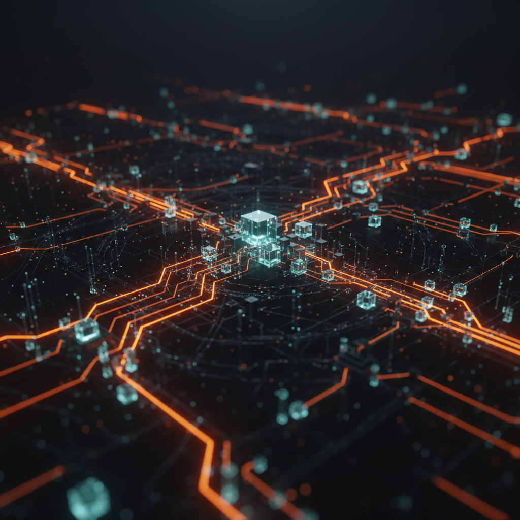 Glowing blockchain network map tracking Ripple XRP whale transfers across encrypted nodes.