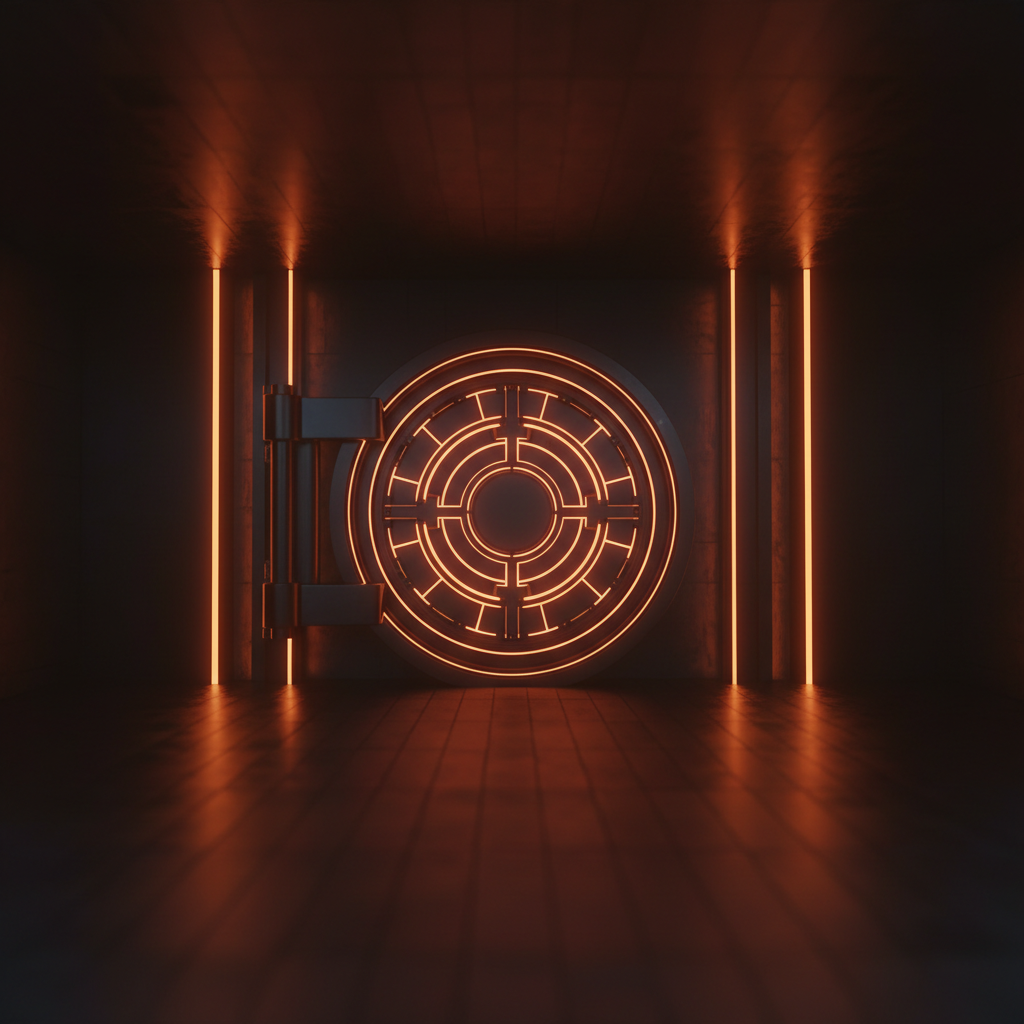 Futuristic vault glowing with orange neon representing SEC crypto custody rules implementation