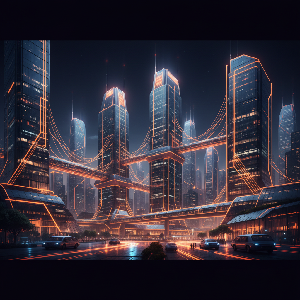 Futuristic financial towers connected by orange digital circuits representing South Korea tokenized securities