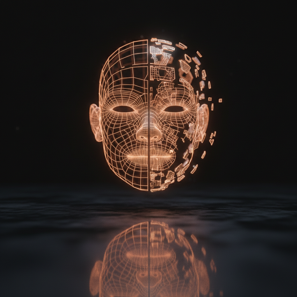 A digital avatar undergoing an AI video Turing test on a dark screen with orange neon highlights.