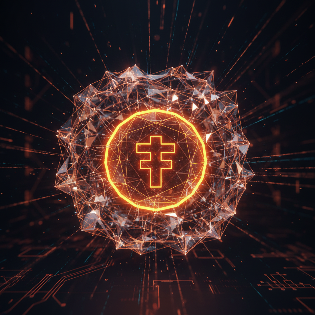 Encrypted digital stablecoin assets involved in the Russian crypto sanction crackdown with orange neon illumination.