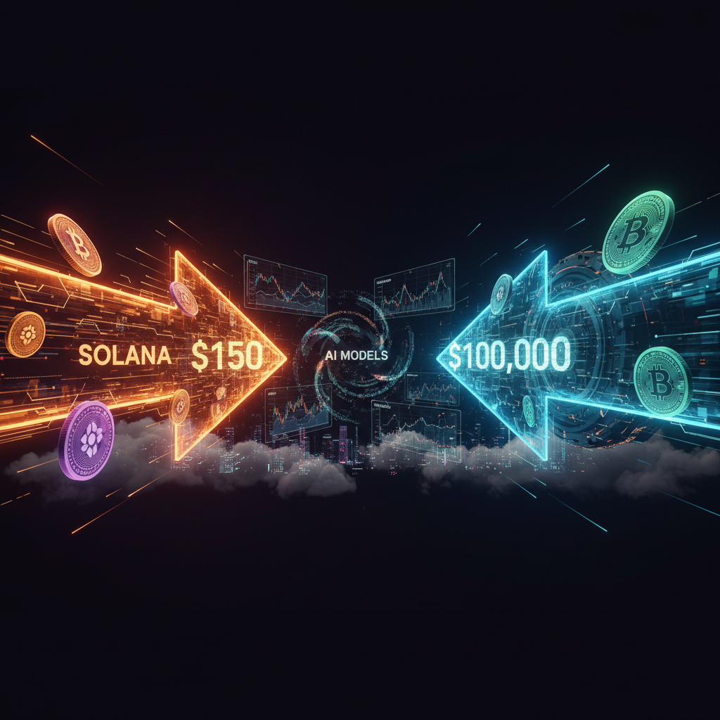 Holographic chart displaying Solana price prediction metrics alongside Bitcoin network stats