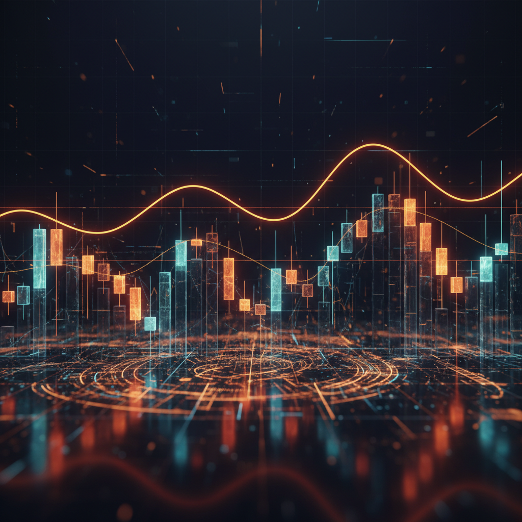 Technical candlestick chart visual for Bitcoin resistance analysis with orange glowing breakout levels.