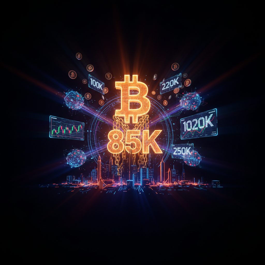 Futuristic projection holographic charts highlighting the Bitcoin price forecast and probability meters