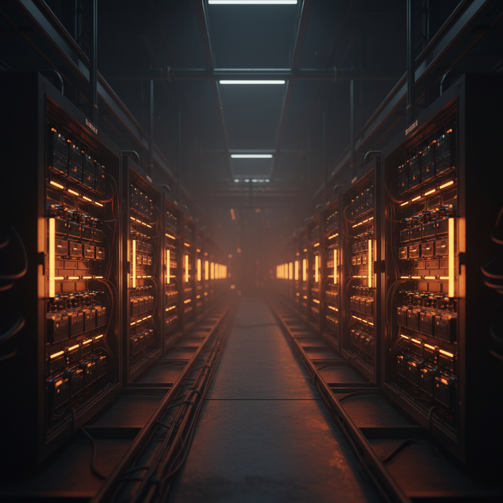 High tech server racks demonstrating Bitcoin mining difficulty adjustments in glowing orange light