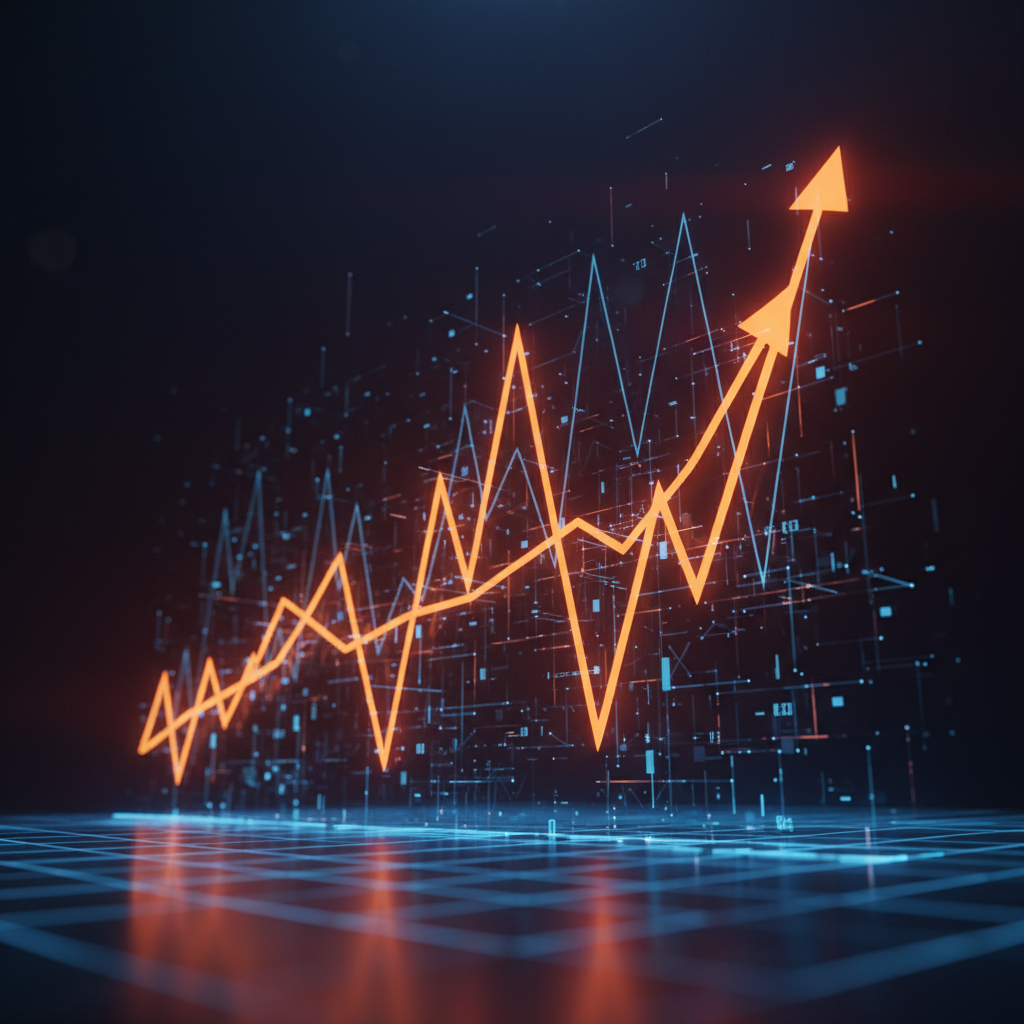 Financial charts indicating a Bitcoin path to 97K with glowing upward trajectories.