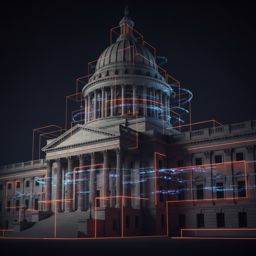 Futuristic government architectural pillars illuminated in orange neon depicting Brazil crypto regulation debates.