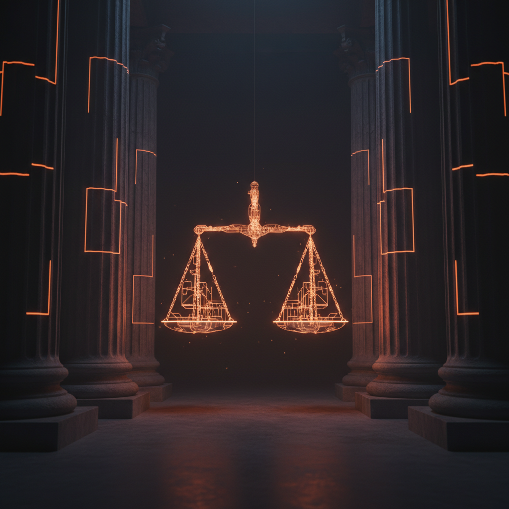 Legal scales balancing a crypto trust bank charter in a courtroom scene.