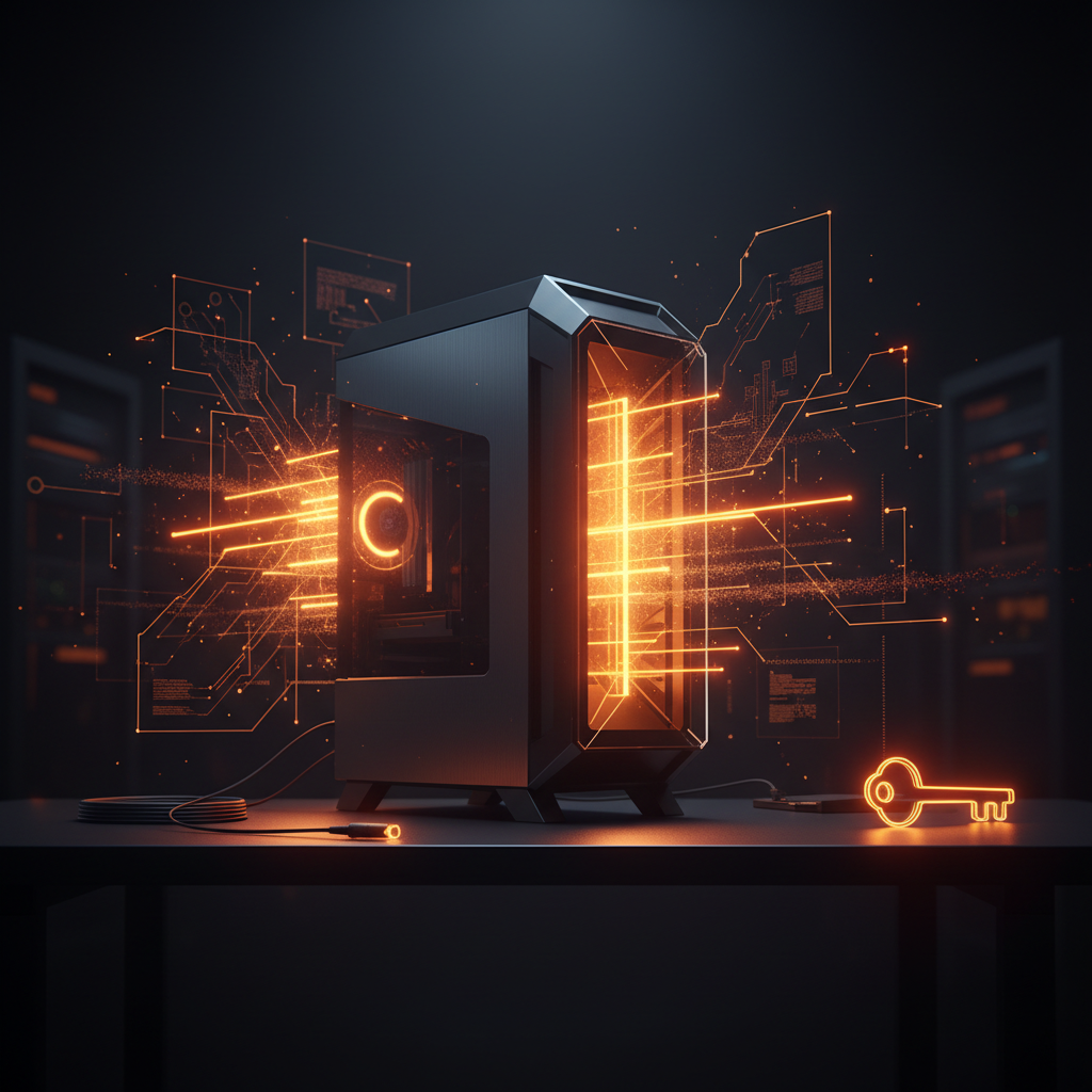 Futuristic personal computer glowing with orange neon representing the PewDiePie Ajax AI initiative.