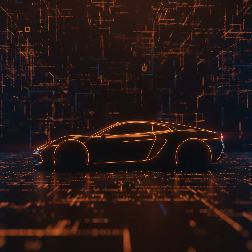 Sports car profile outlined in orange neon representing digital 911 assets on dark background
