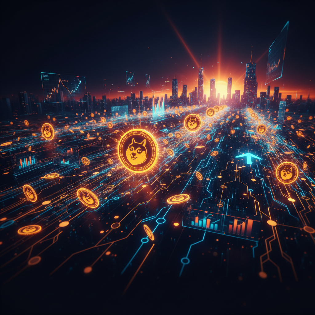 Glowing network diagrams representing the Dogecoin ecosystem expansion across global digital nodes.