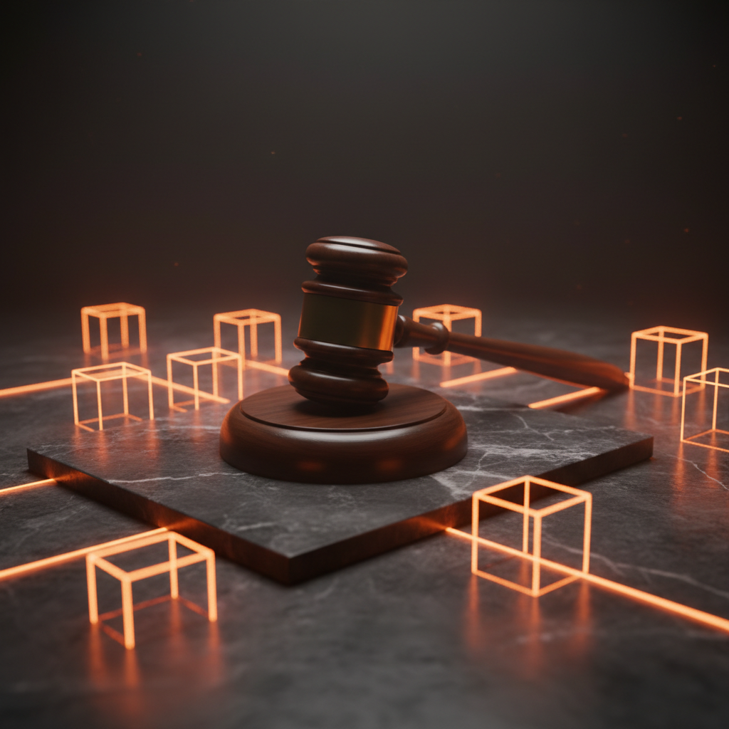 Gavel resting beside glowing decentralized network blocks under SEC crypto guidelines