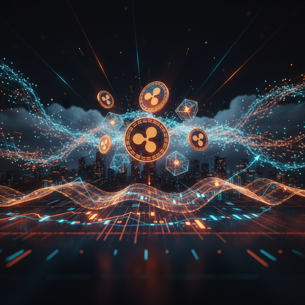Digital nodes processing data streams during an XRP Ledger batch upgrade event.