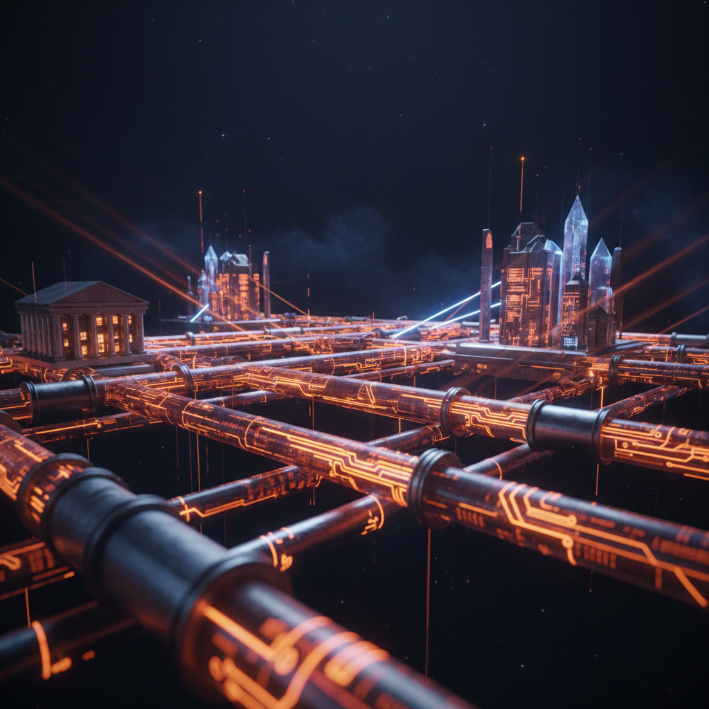 Futuristic financial settlement pipelines demonstrating corporate crypto payment infrastructure.