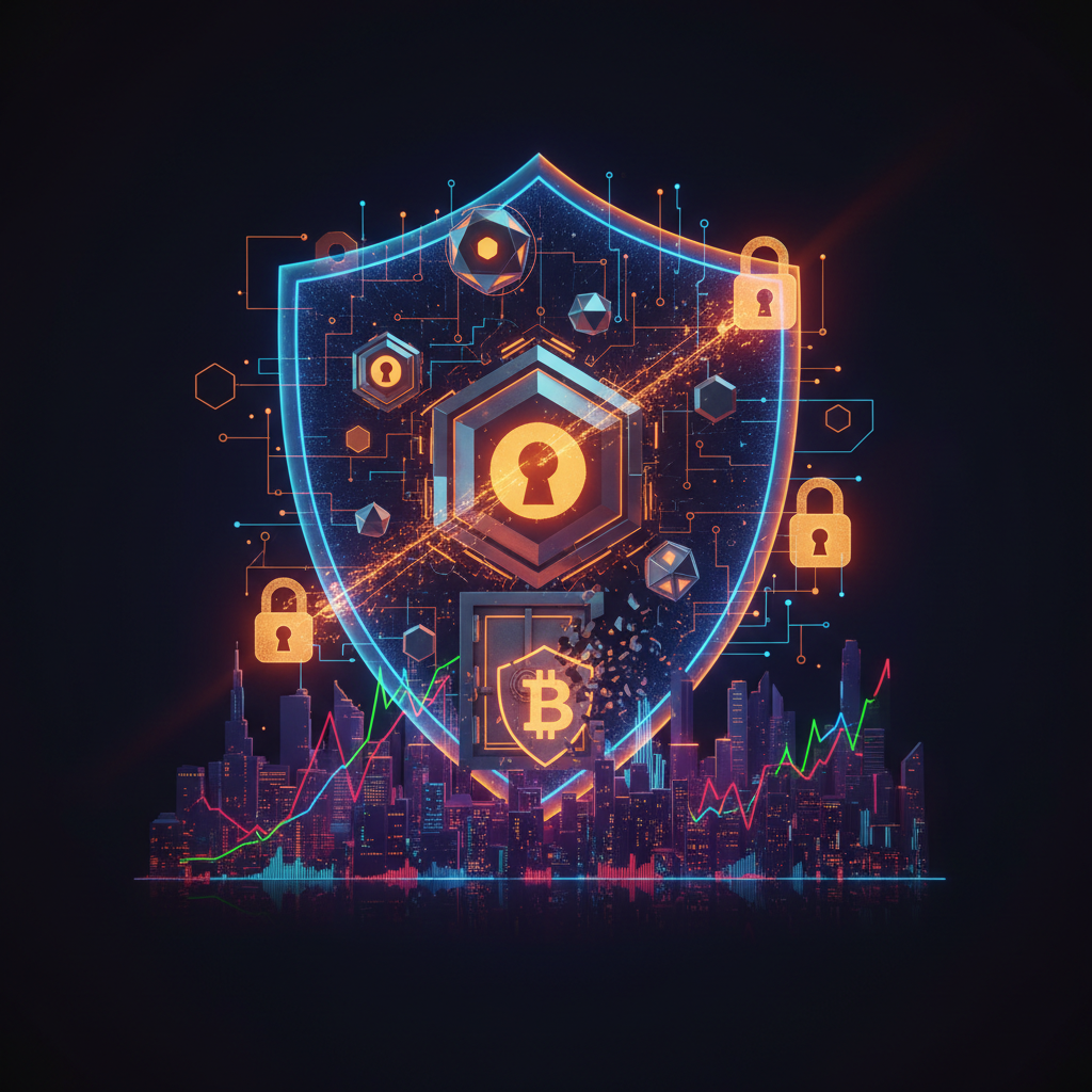 Shattered digital security shield displaying the Bitget exchange hack recovery and protection process.