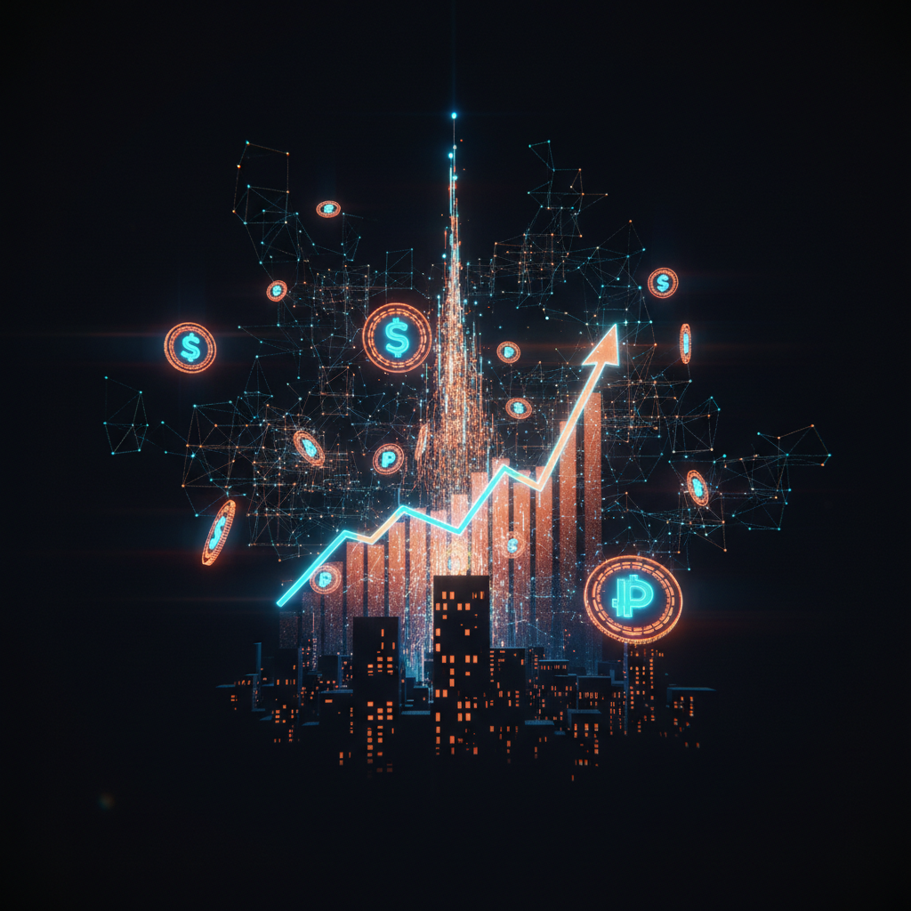A digital payment terminal processing seamless crypto card payments in a glowing neon environment.