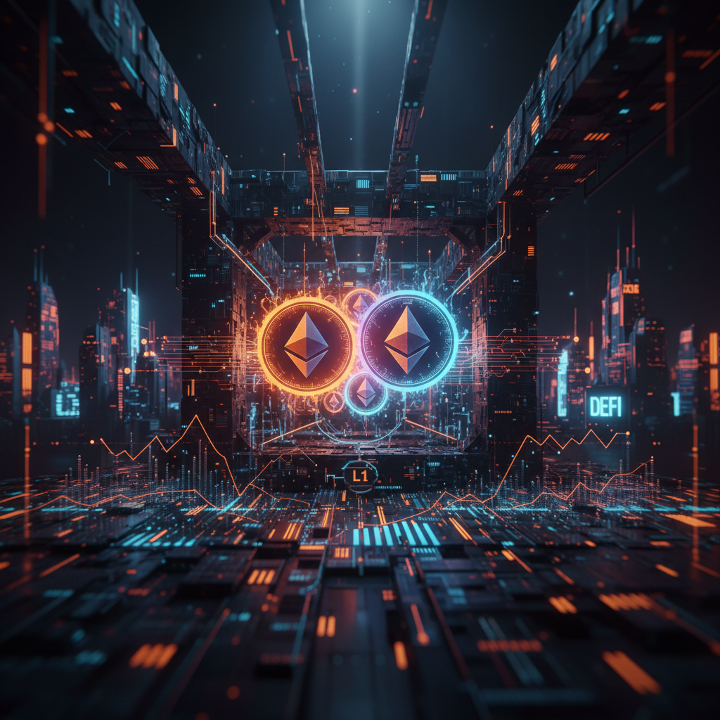 Futuristic digital bridge illustrating an Ethereum atomic transfer across multi-layer blockchain networks.