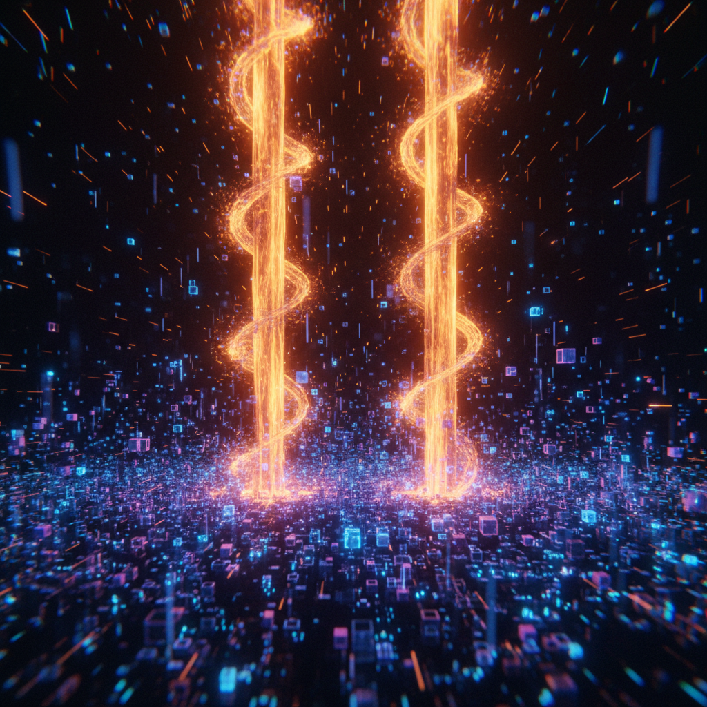 Digital network nodes merging together illustrating the Ethereum validator count changes.