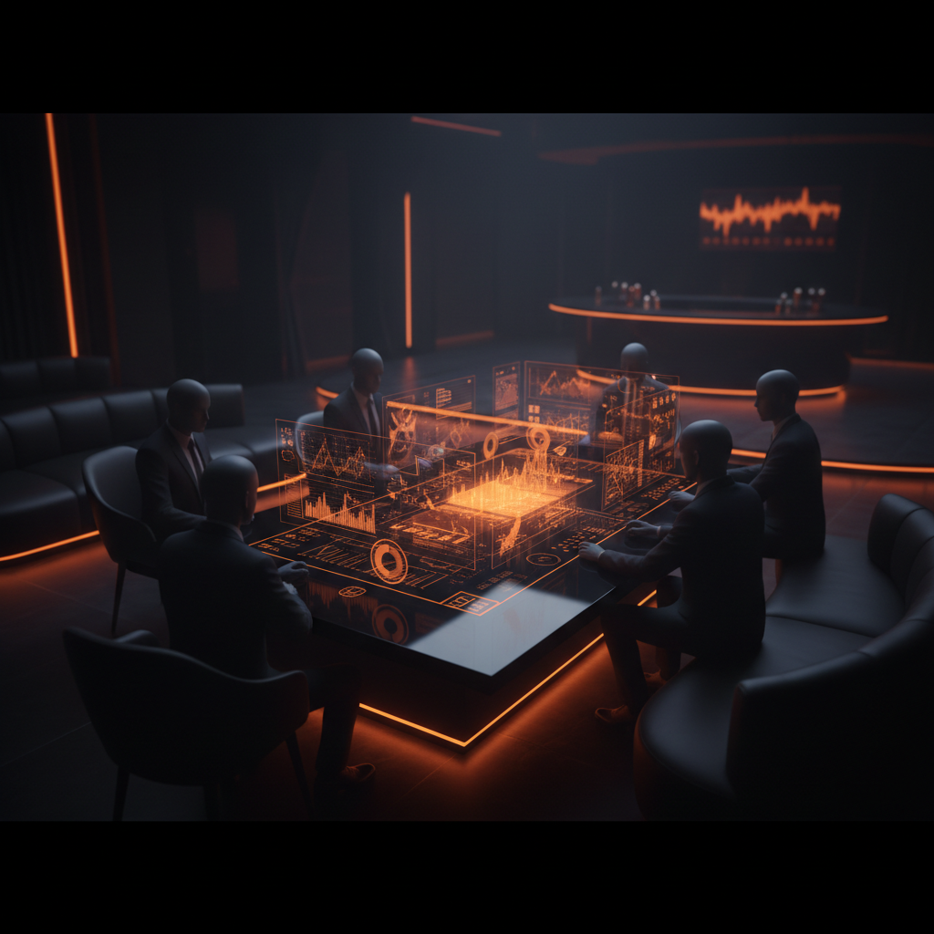 An exclusive private crypto gathering of digital asset investors around glowing market displays.