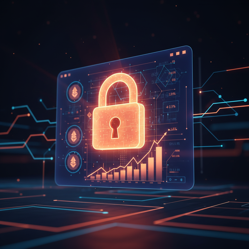 A digital padlock glowing in orange securing enterprise accounts amidst frozen USDT funds dispute.
