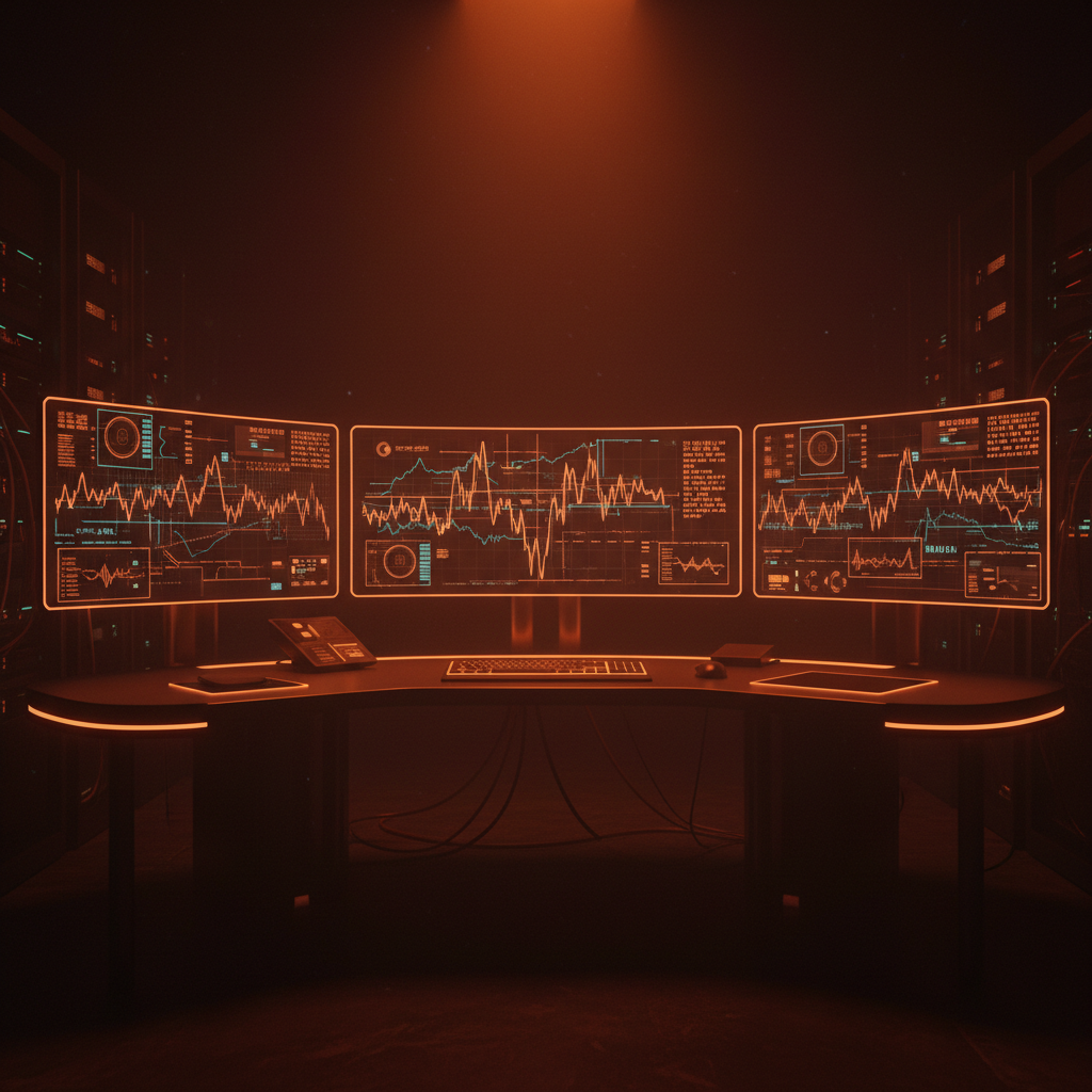 A futuristic financial workstation displaying Hyperliquid Bloomberg terminal analytics with glowing orange lines.