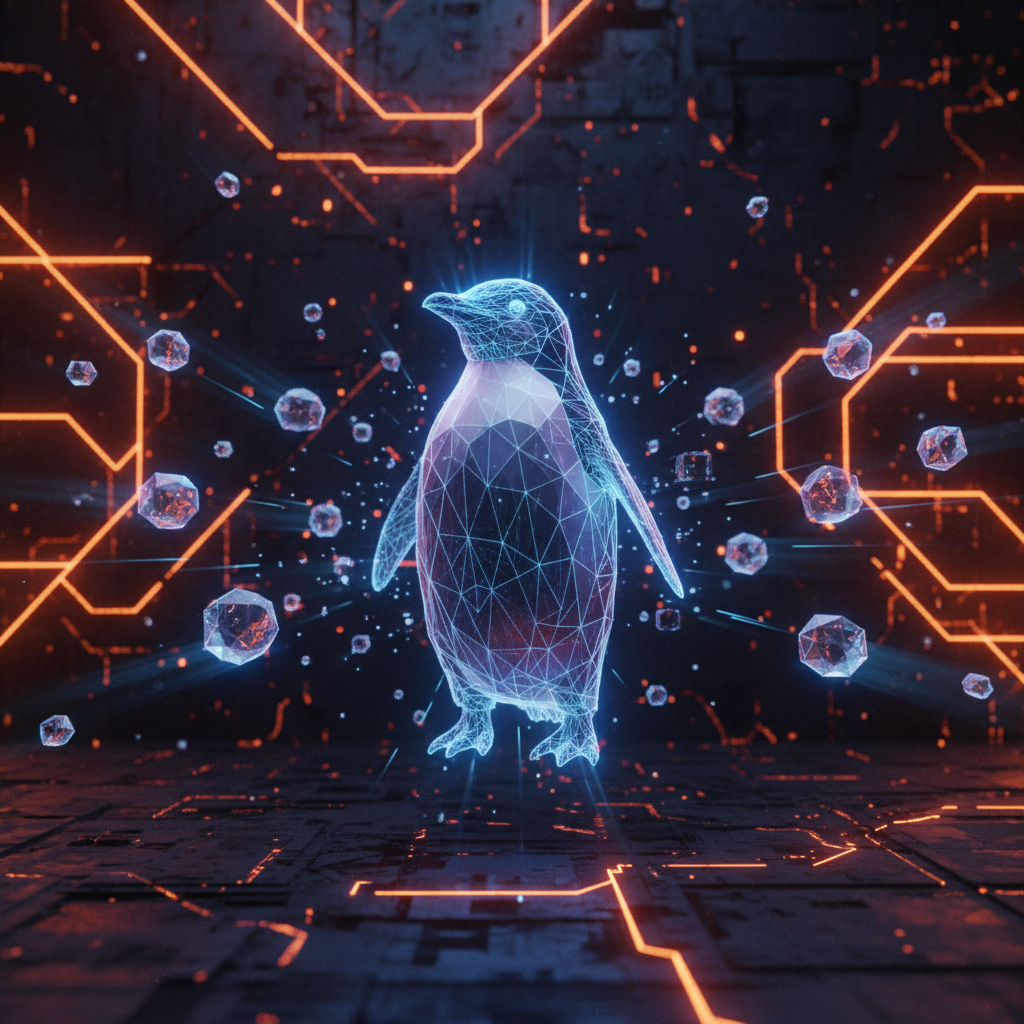 A digital penguin figurine illuminating an orange neon corridor during the Igloo Inc Abstract shutdown.