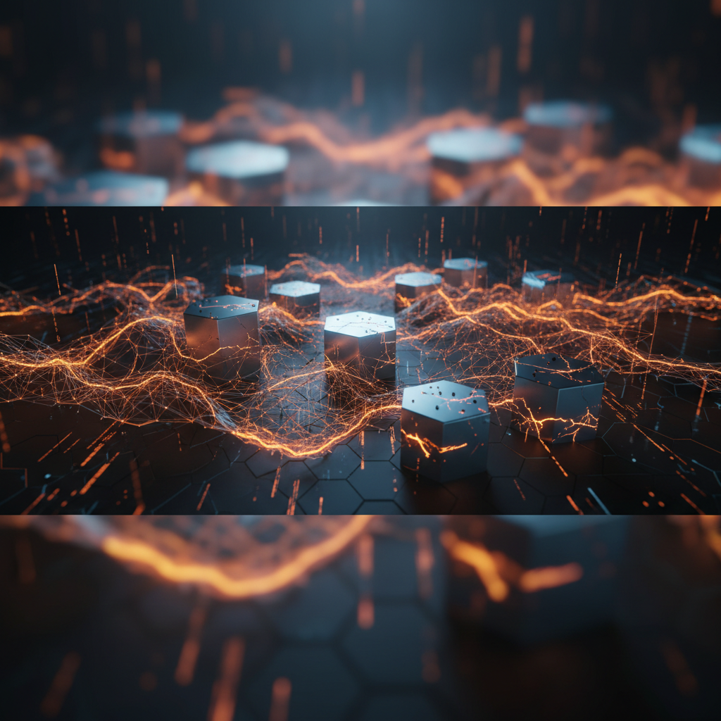 Glowing decentralized nodes and artificial intelligence graphs tracking the NEAR Protocol price.
