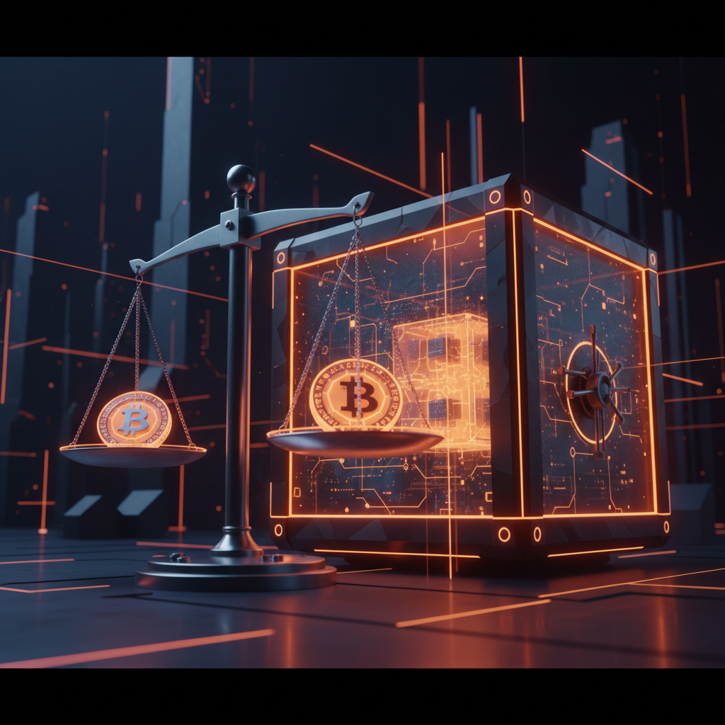 A secure digital vault illuminated by orange light representing the Tether USDT lawsuit dispute.