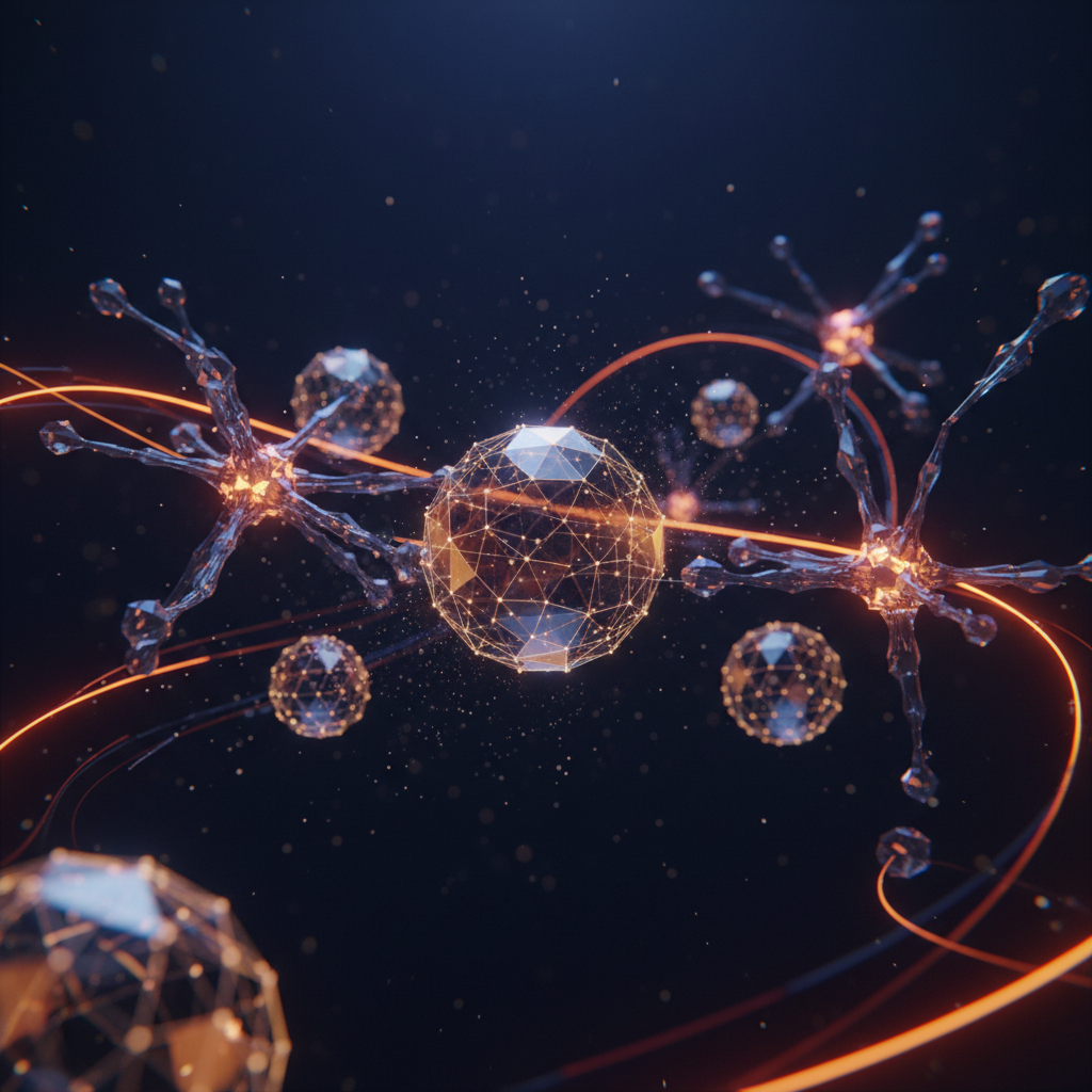 Geometric smart contract nodes illustrating the Polymarket V2 upgrade with glowing orange neon elements.