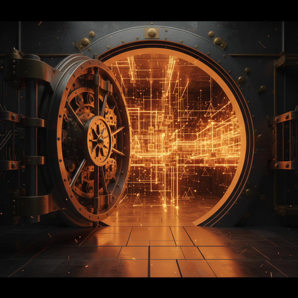 A secure bank vault glowing with digital currency nodes representing credit union Bitcoin custody.