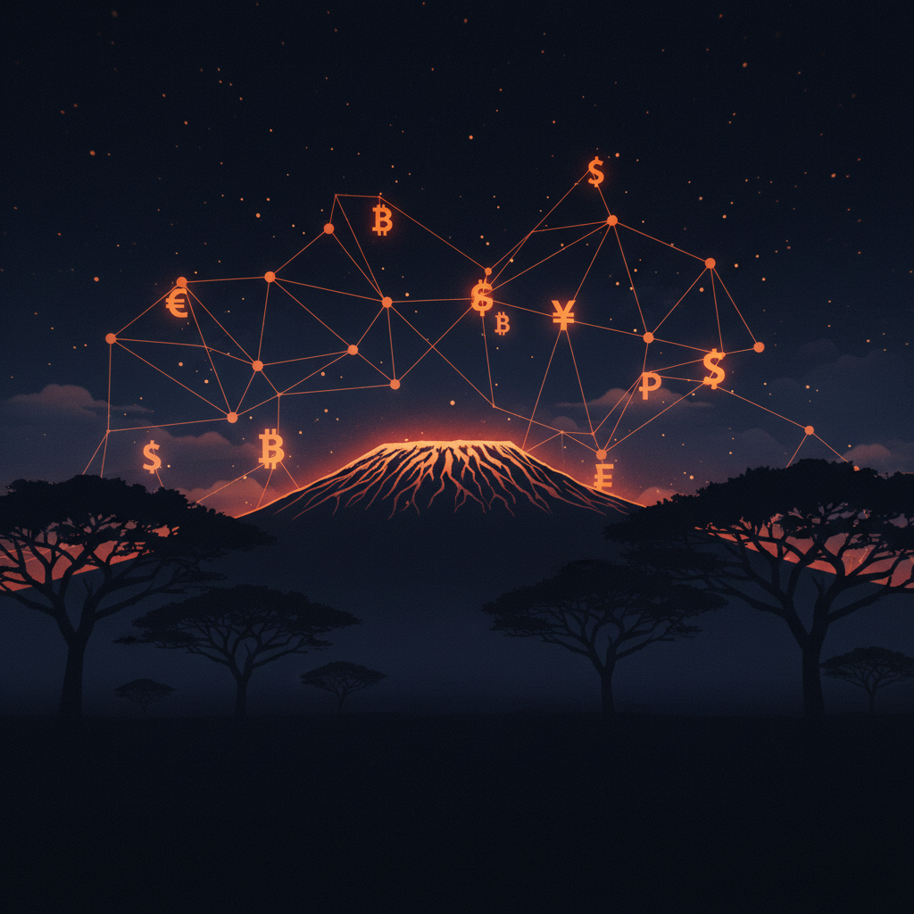 A Tanzanian wilderness landscape illustrating Bitcoin tourism payments under an orange glowing night sky.