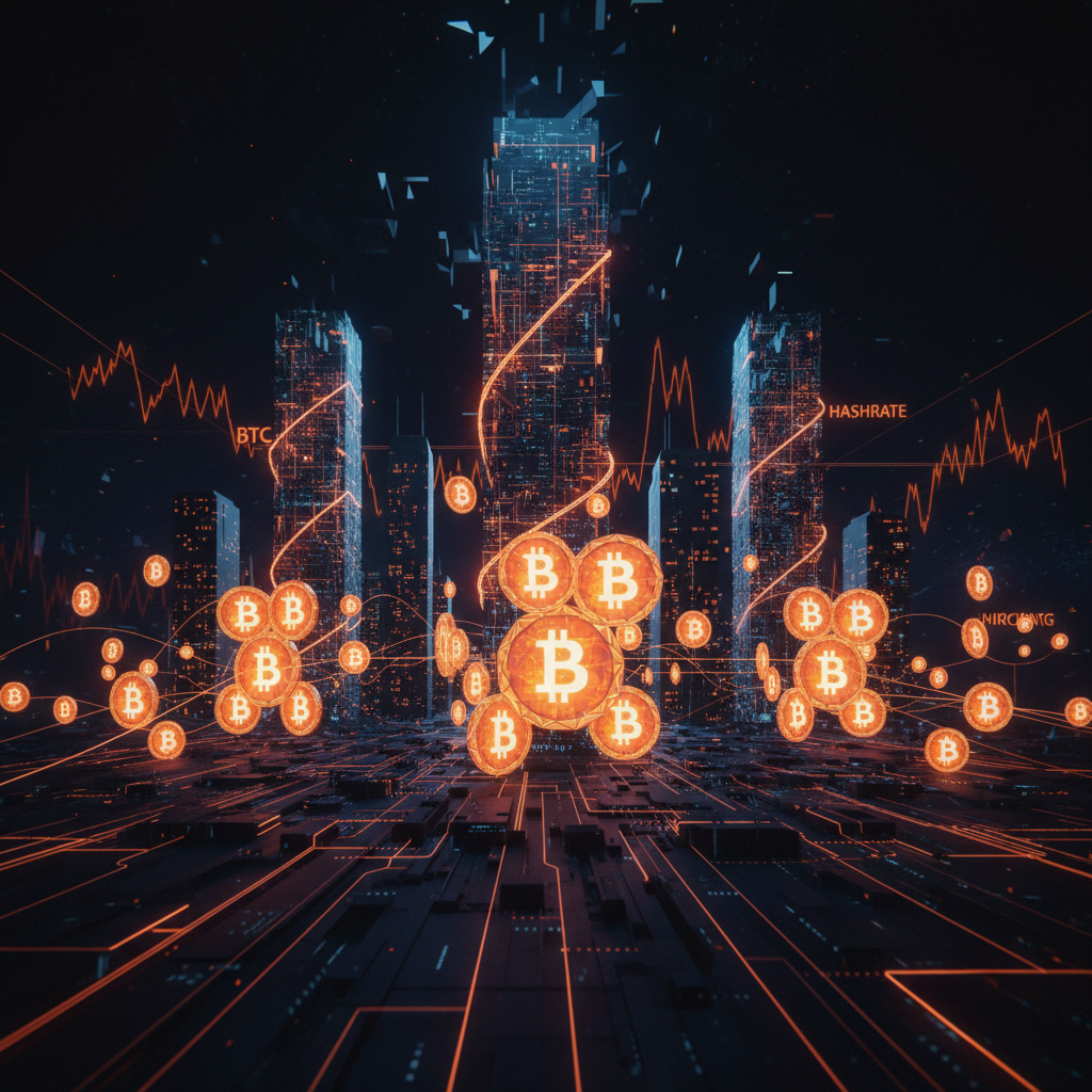 High performance computing hardware representing global Bitcoin mining hashrate in a dark server facility.