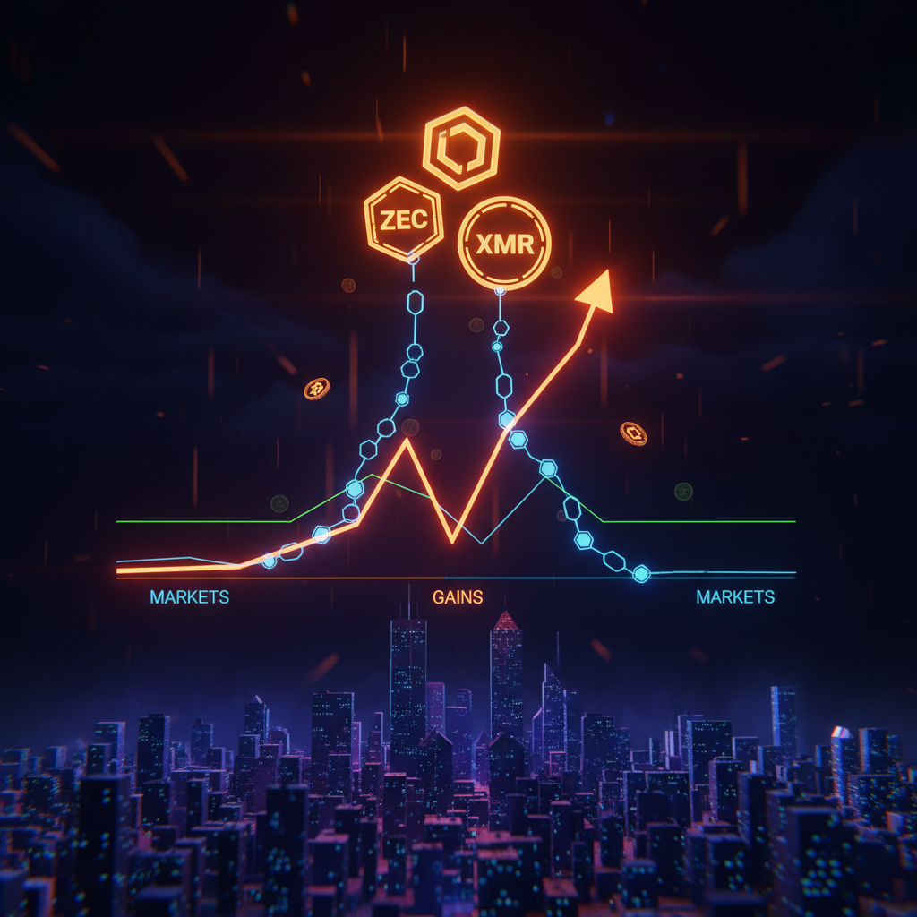 Neon digital shields glowing alongside market charts representing privacy coins Zcash Monero.