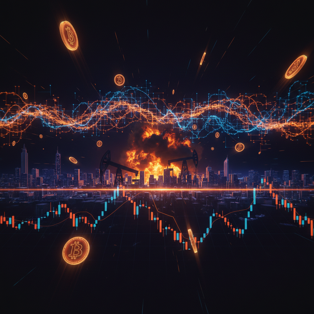 Dark atmospheric background showing a Bitcoin geopolitical selloff influenced by global oil market disruptions.