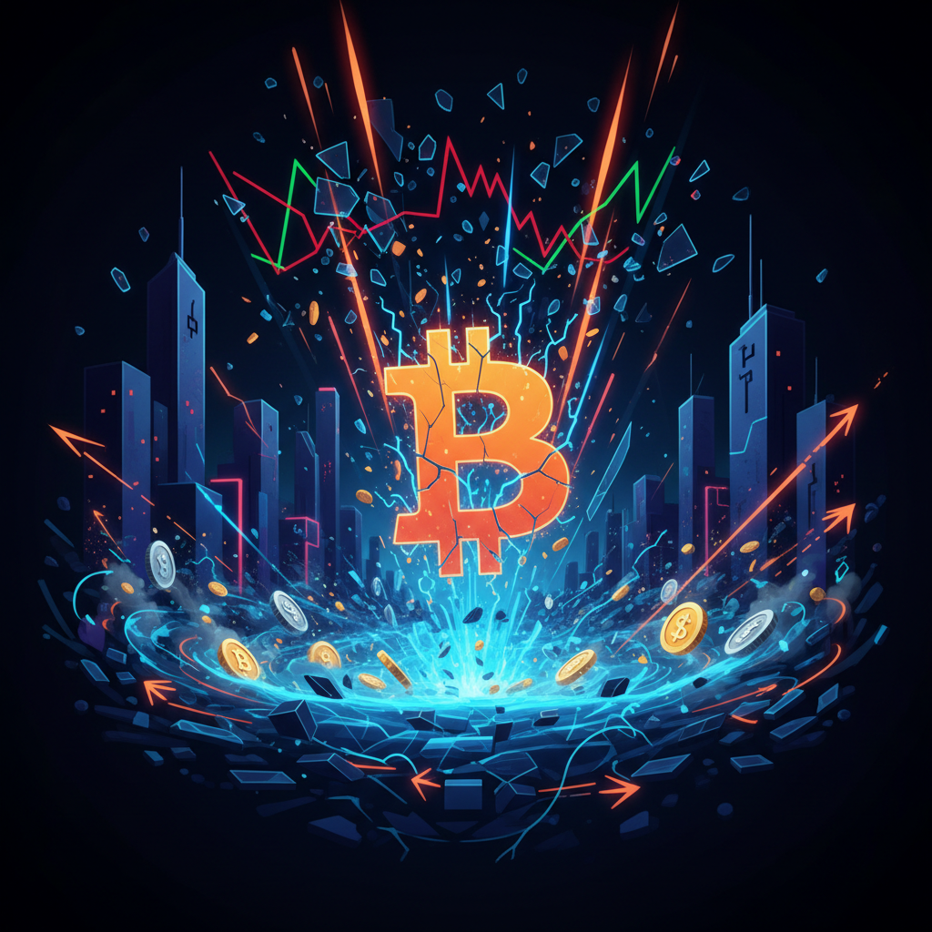 Digital trading screens showing a Bitcoin liquidation cascade with falling red price candles.