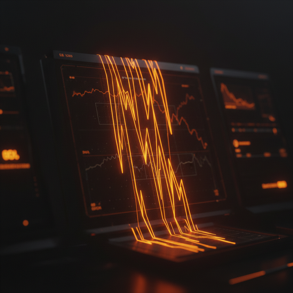 Digital asset chart showing a sharp Bitcoin price drop in glowing orange neon.