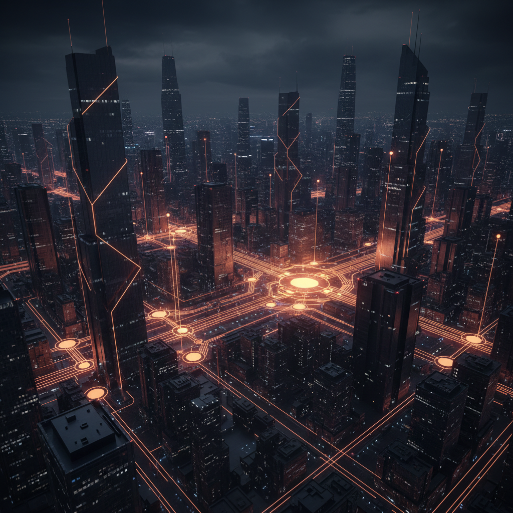 Connected global network lines illustrating real-world blockchain adoption with orange neon light.